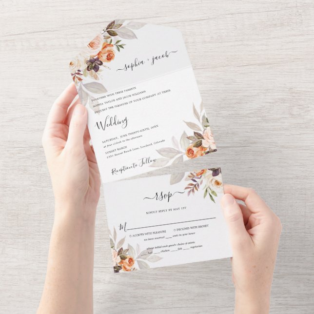 Terracotta Floral Burnt Orange Boho Fall Wedding All In One Invitation (Tearaway)