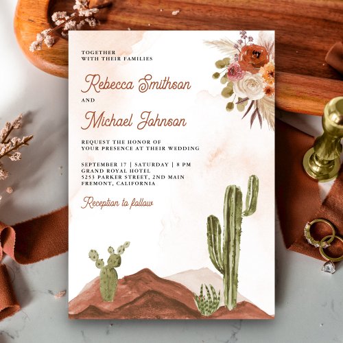 Terracotta Floral Cactus QR Code Photo Wedding Invitation