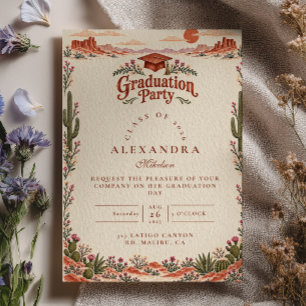 Terracotta Floral Cactus Western Graduation Invitation
