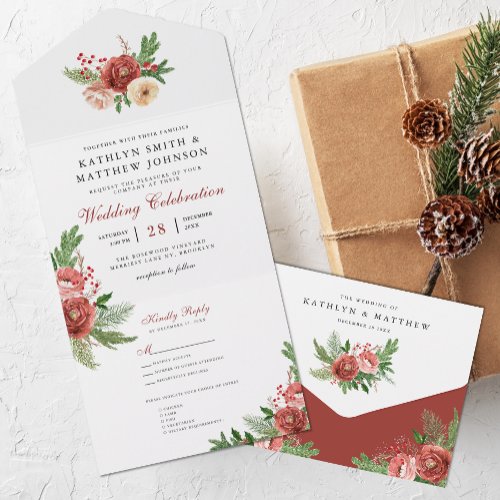 Terracotta Floral Christmas Foliage Winter Wedding All In One Invitation