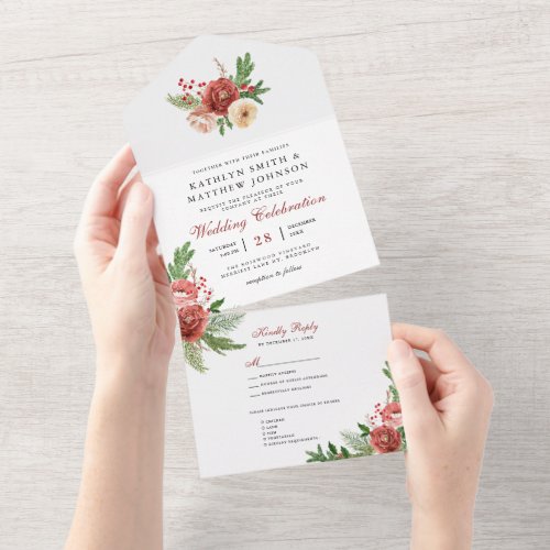 Terracotta Floral Christmas Foliage Winter Wedding All In One Invitation