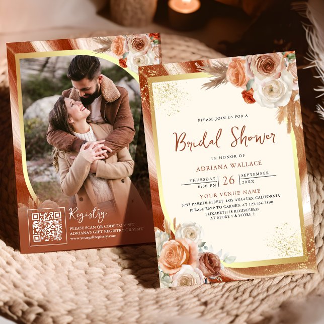 Terracotta Floral Cream Gold QR Code Bridal Shower Invitation (Creator Uploaded)