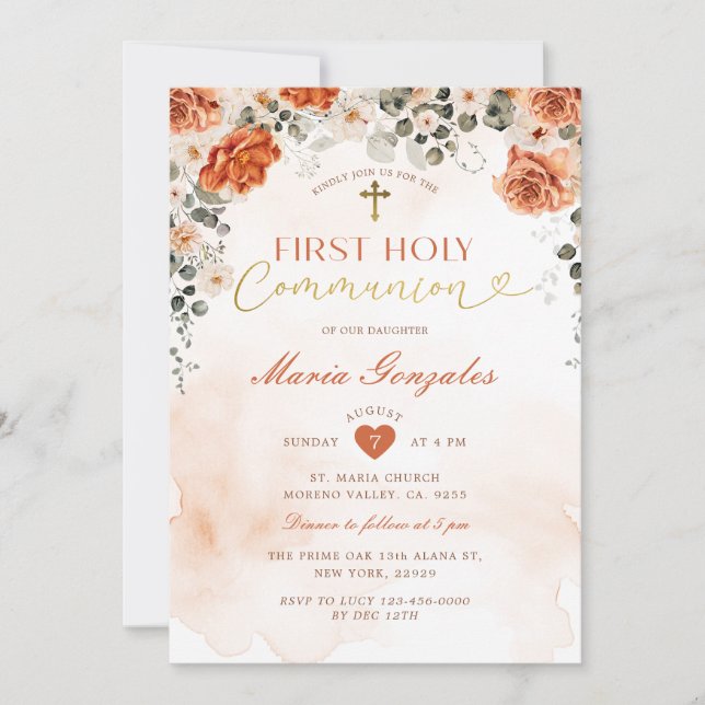Terracotta Floral Cross Girl First Holy Communion Invitation (Front)