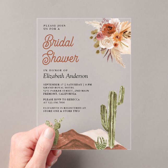 Terracotta Floral Desert Cactus Bridal Shower Acrylic Invitations (Insitu (Handheld))