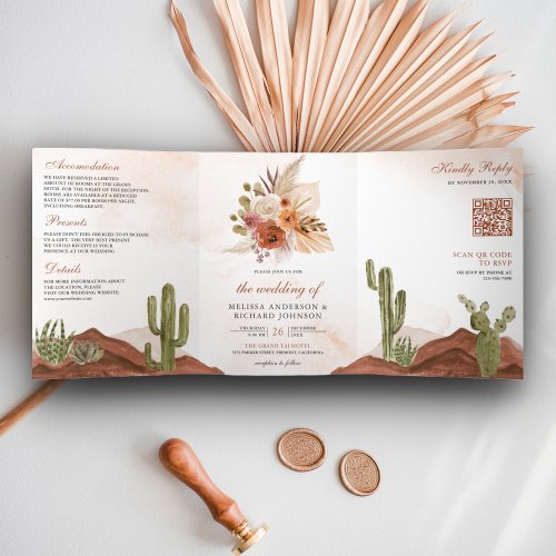 Terracotta Floral Desert Cactus QR Code Wedding Tri_Fold Invitation