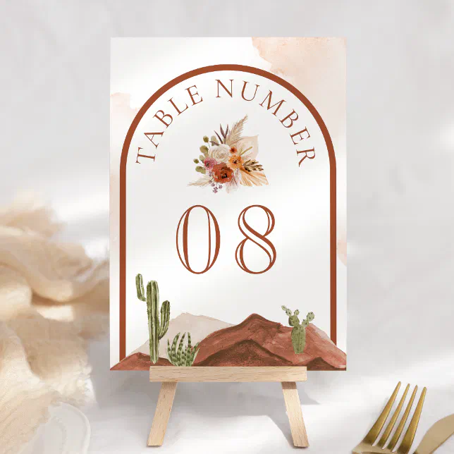 Terracotta Floral Desert Cactus Wedding Table Number | Zazzle