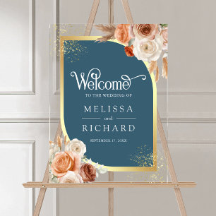 Terracotta Floral Dusty Blue Gold Wedding Welcome Acrylic Sign