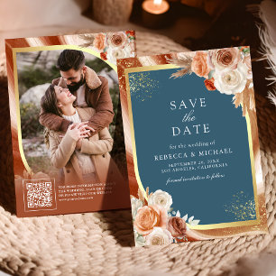 Terracotta Floral Dusty Blue QR Code Photo Wedding Save The Date