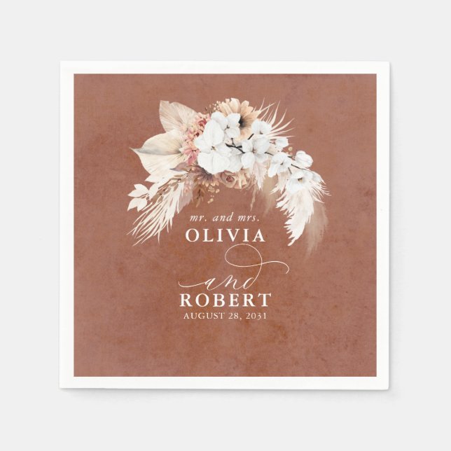 Terracotta Floral Elegant Boho Wedding Napkins (Front)