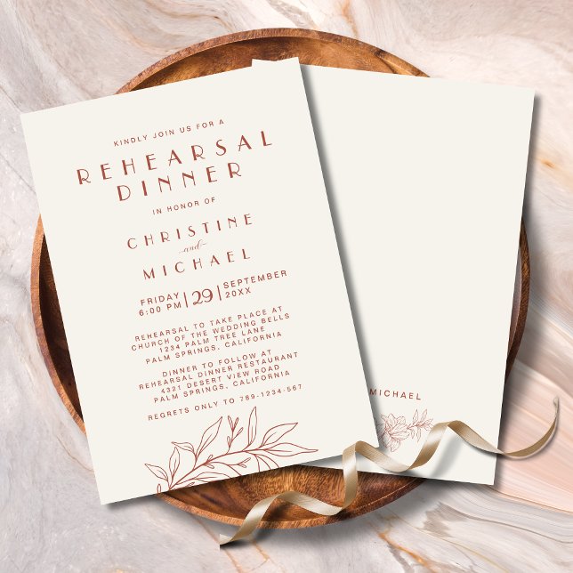 Terracotta Floral Elegant Modern Wedding Rehearsal Invitation (Terracotta Floral Elegant Modern Wedding Rehearsal Dinner Invitation with Magnolia Leaves Line Art.)