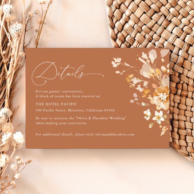 Terracotta Floral Elegant Wedding Details Hotel Enclosure Card (Elegant terracotta floral wedding details card with hotel accommodation information neutral)