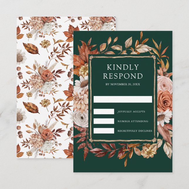 Terracotta Floral Emerald Green Wedding RSVP Card (Front/Back)