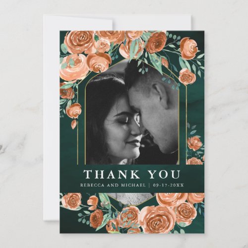 Terracotta Floral Emerald Photo Collage Wedding Thank You Card
