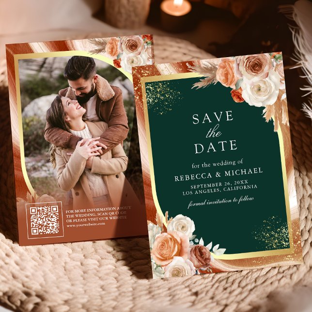 Terracotta Floral Emerald QR Code Photo Wedding Save The Date (Creator Uploaded)