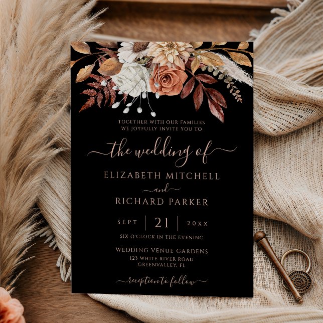 Terracotta Floral Fall Foliage Moody Black Wedding Invitation (Creator Uploaded)