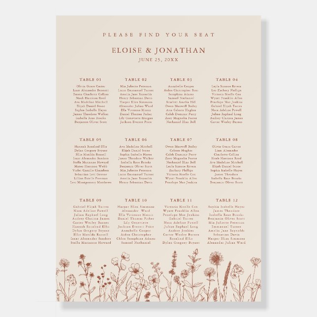 Terracotta  Floral Fall Wildflower Seating Chart Foam Board (Front)