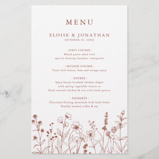 Terracotta Floral Fall Wildflower Wedding Menu (Front)