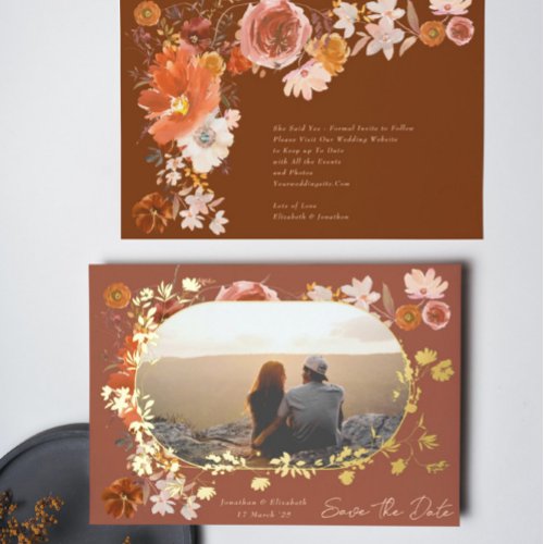 Terracotta Floral Frame Photo Save The Date Gold Foil Invitation