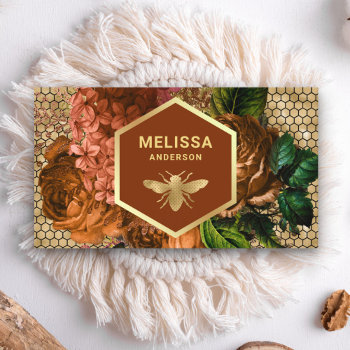 Terracotta Floral Gold Foil Honeycomb Honey Bee Business Card by ShabzDesigns at Zazzle