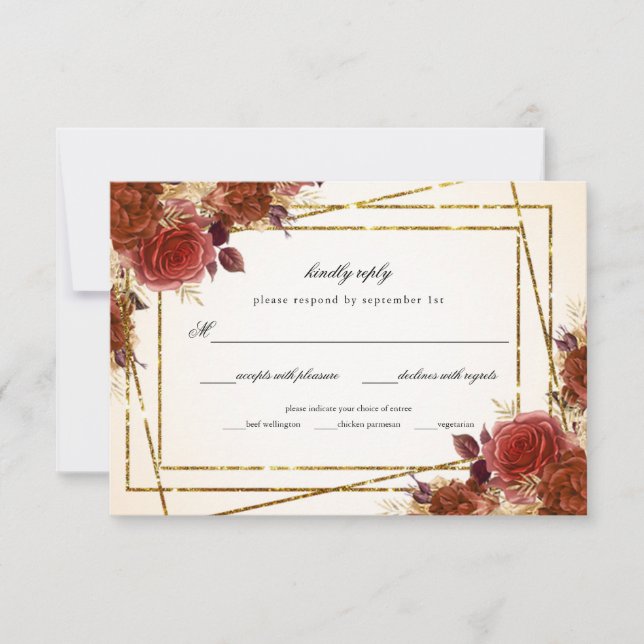 Terracotta Floral Gold Glitter Frame Wedding RSVP Card (Front)