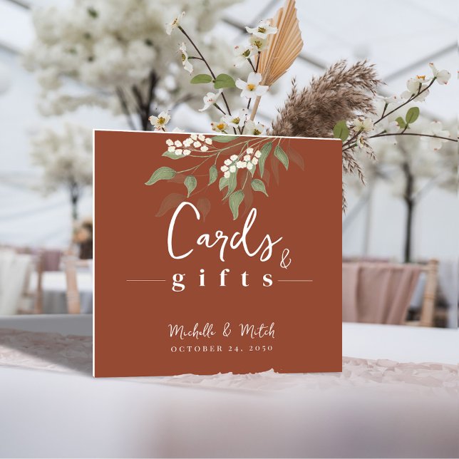 Terracotta Floral Greenery Calligraphy Cards Gifts Foam Board (with monogrammed initials for the bride and groom on the backside. )