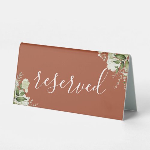 Terracotta Floral Greenery Elegant Script Reserved Table Tent Sign