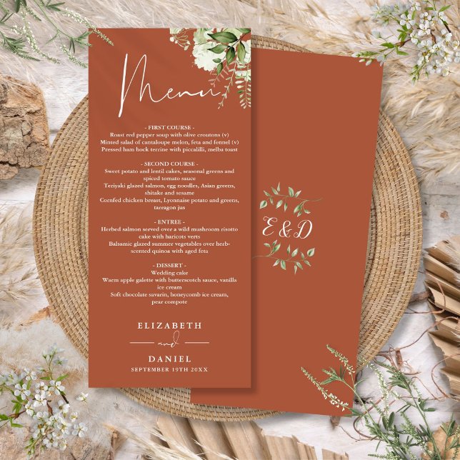 Terracotta Floral Greenery Monogram Wedding Dinner Menu (Terracotta Floral Greenery Monogram Wedding Dinner Menu)