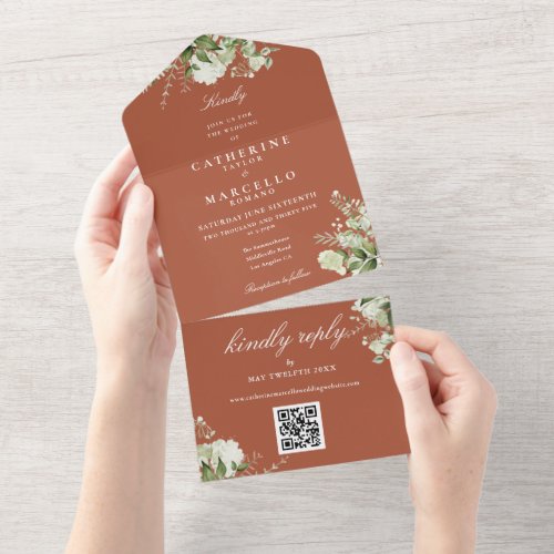 Terracotta Floral Greenery QR Code Wedding All In One Invitation