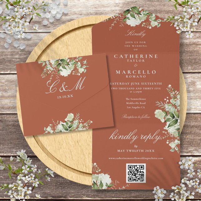 Terracotta Floral Greenery QR Code Wedding All In One Invitation (Terracotta Floral Greenery QR Code Wedding All In One Invitation)