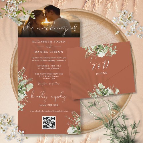 Terracotta Floral Greenery QR Code Wedding Photo All In One Invitation