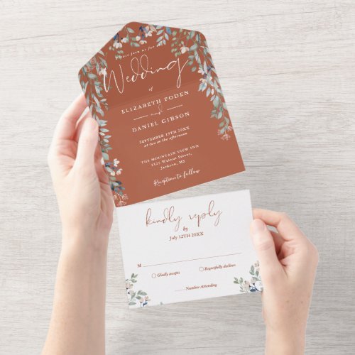 Terracotta Floral Greenery Script Wedding All In One Invitation