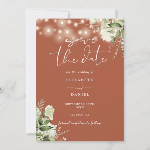 Terracotta Floral Greenery String Lights Wedding Save The Date