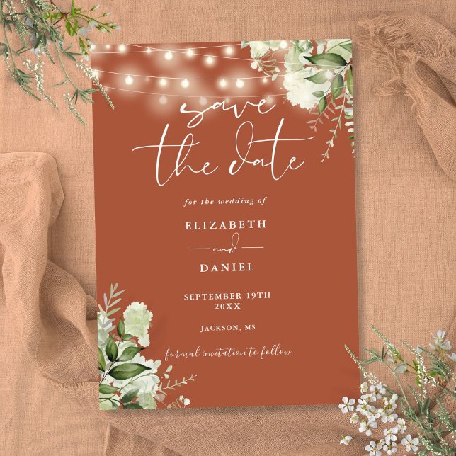 Terracotta Floral Greenery String Lights Wedding Save The Date (Terracotta Floral Greenery String Lights Wedding Save The Date)