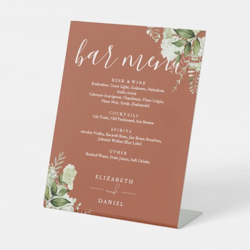 Terracotta Floral Greenery Wedding Bar Menu Pedestal Sign