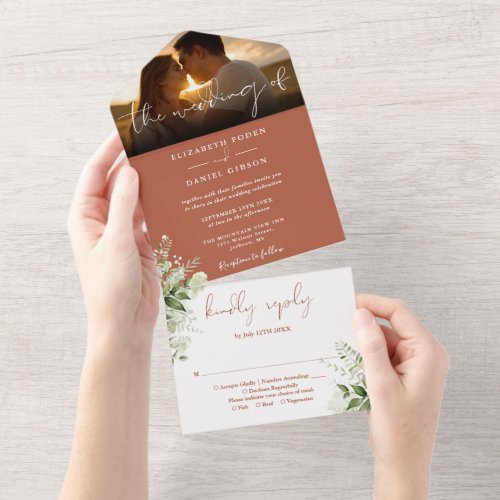 Terracotta Floral Greenery Wedding Photo All In One Invitation