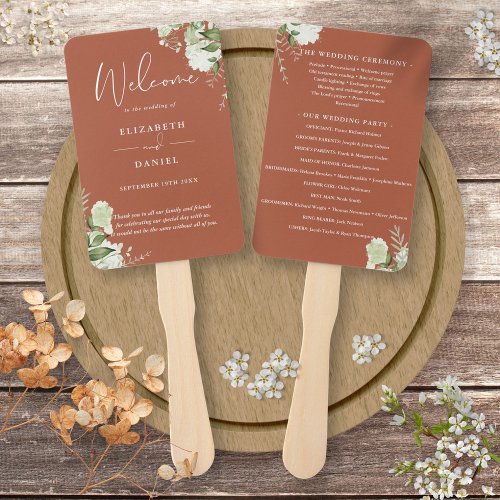 Terracotta Floral Greenery Wedding Program Hand Fan