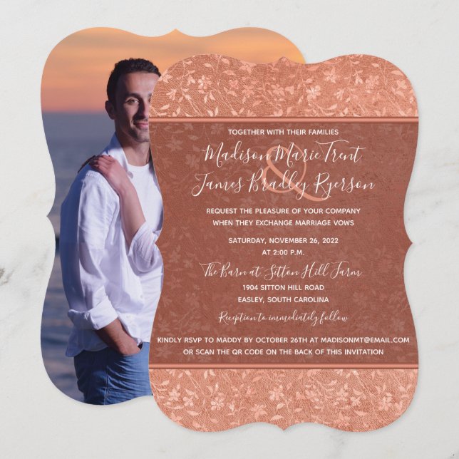 Terracotta Floral, Hearts Vines Wedding Invitation (Front/Back)