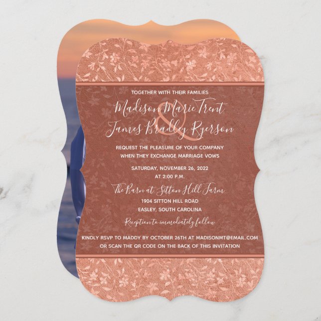 Terracotta Floral, Hearts Vines Wedding Invitation (Front/Back)