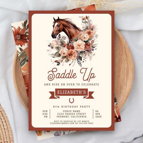 Terracotta Floral Horse Cowgirl Birthday Party Invitation