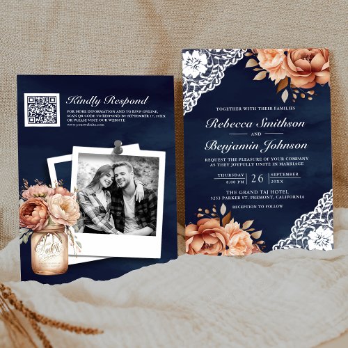 Terracotta Floral Lace Navy Blue QR Code Wedding Invitation