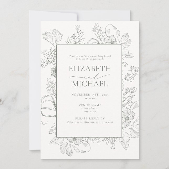 Terracotta Floral Line Art Post Wedding Brunch Invitation (Front)