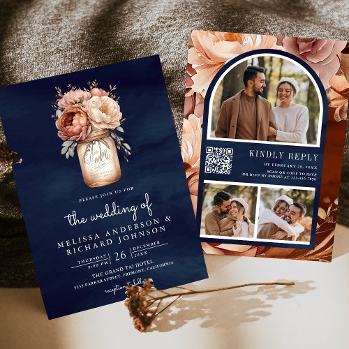 Terracotta Floral Mason Jar Navy QR Code Wedding Invitation