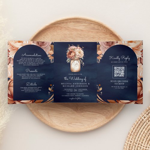 Terracotta Floral Mason Jar Navy QR Code Wedding Tri_Fold Invitation