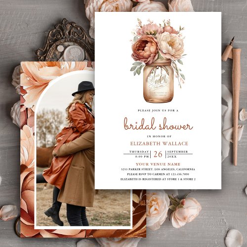 Terracotta Floral Mason Jar Photo Bridal Shower Invitation