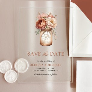 Terracotta Floral Mason Jar Wedding Save the Date Acrylic Invitations