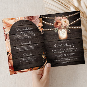 Terracotta Floral Mason Jar Wood QR Code Wedding Invitation
