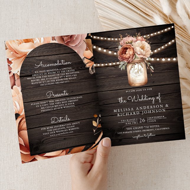 Terracotta Floral Mason Jar Wood QR Code Wedding Invitation (Creator Uploaded)