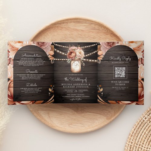 Terracotta Floral Mason Jar Wood QR Code Wedding Tri_Fold Invitation