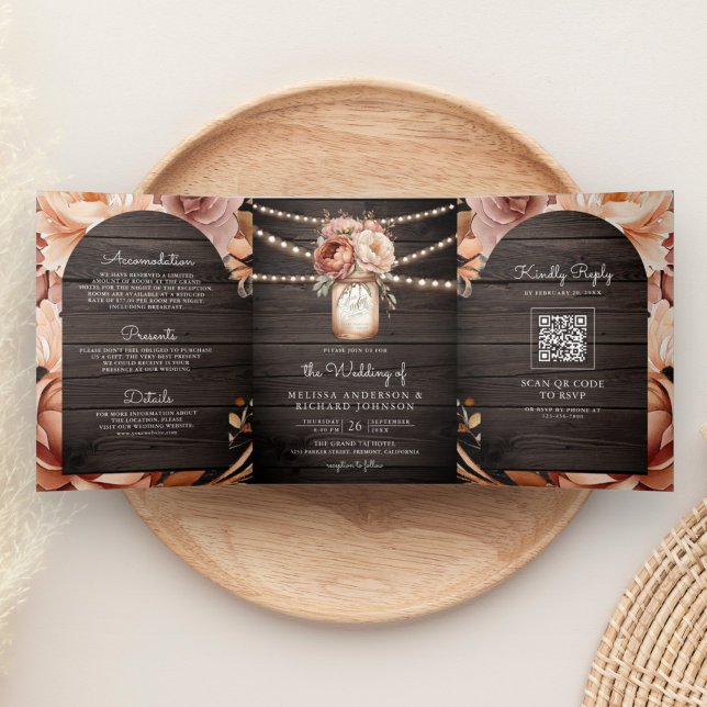 Terracotta Floral Mason Jar Wood QR Code Wedding Tri-Fold Invitation (Creator Uploaded)