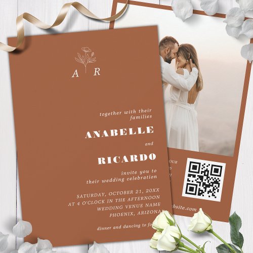 Terracotta Floral Monogram Photo QR Code Wedding Invitation